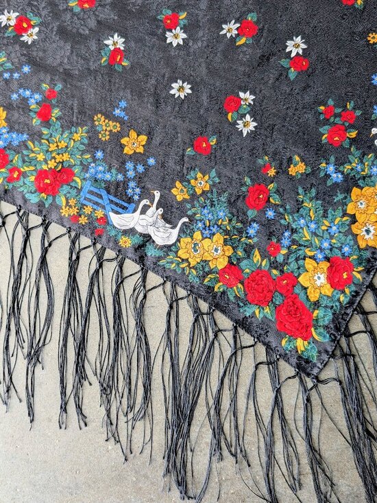 Vintage Accessories - Vintage Silk Goose Scarf Black Floral Fringe Square Scarf